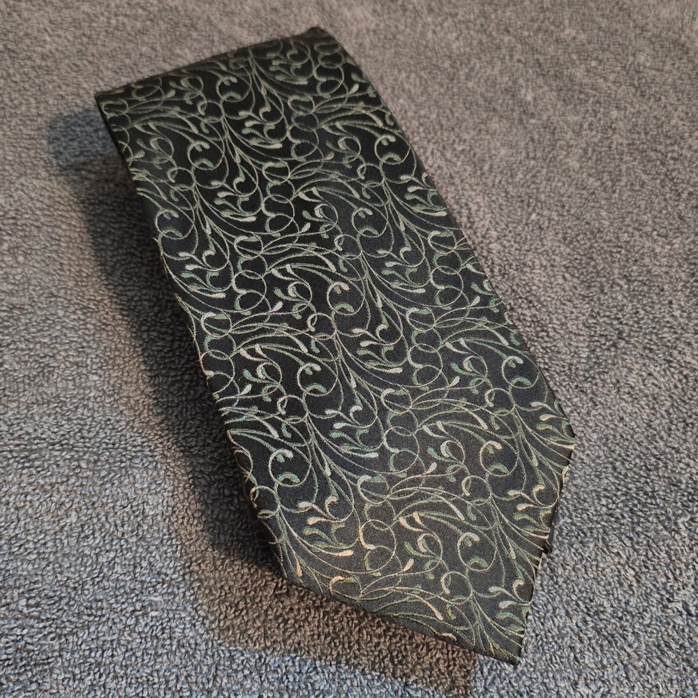 Alfani Tie OS Necktie Mens Black Green Gold Silk Scrolling Vine Botanical Formal